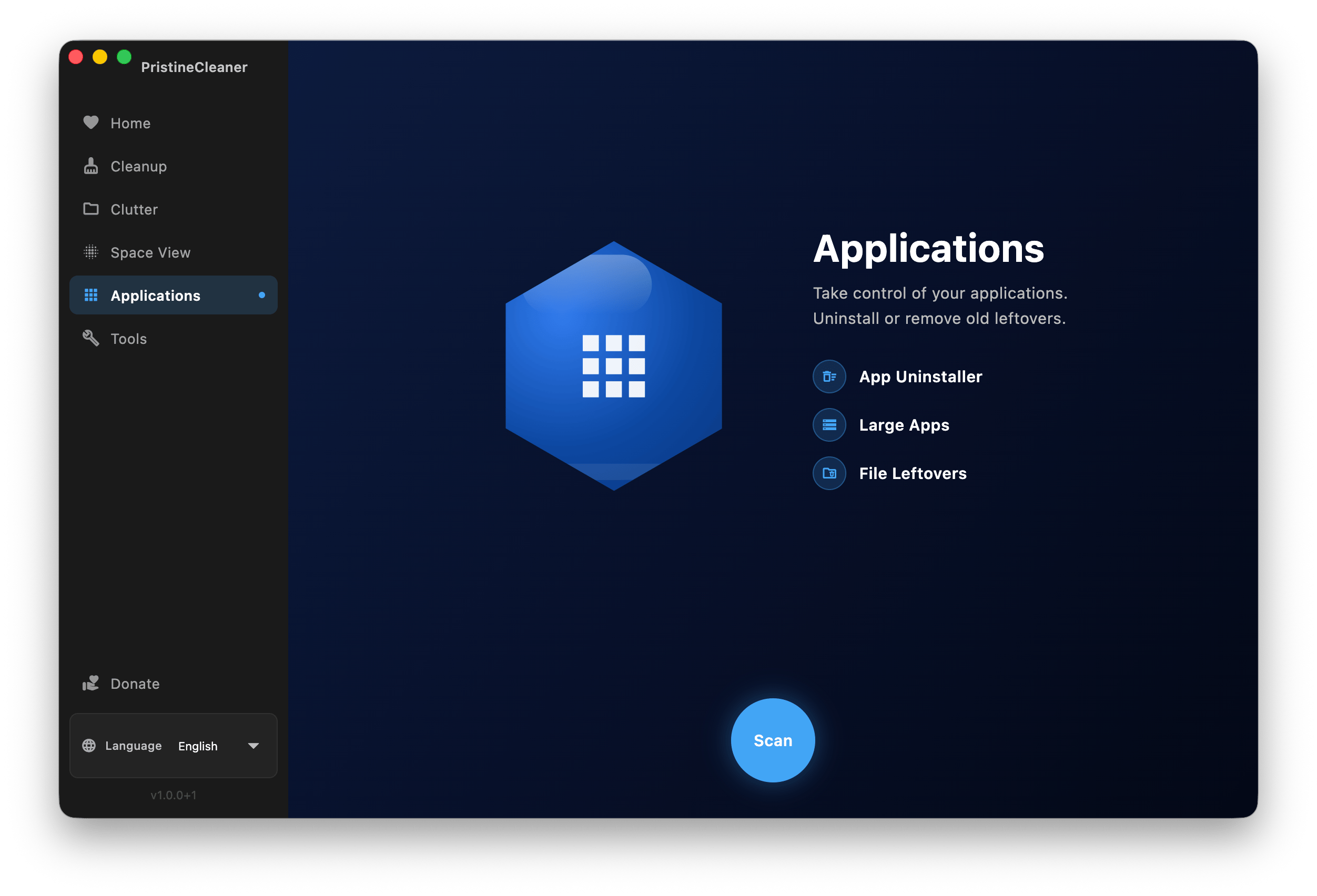 PristineCleaner applications manager screen