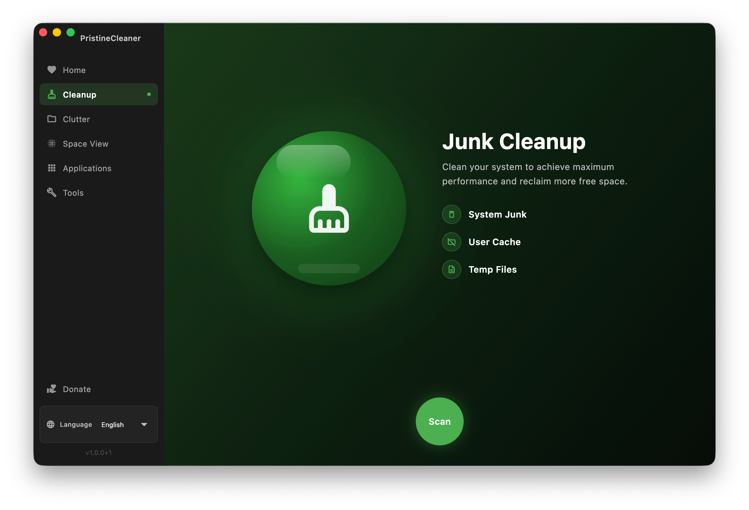 PristineCleaner cleanup screen