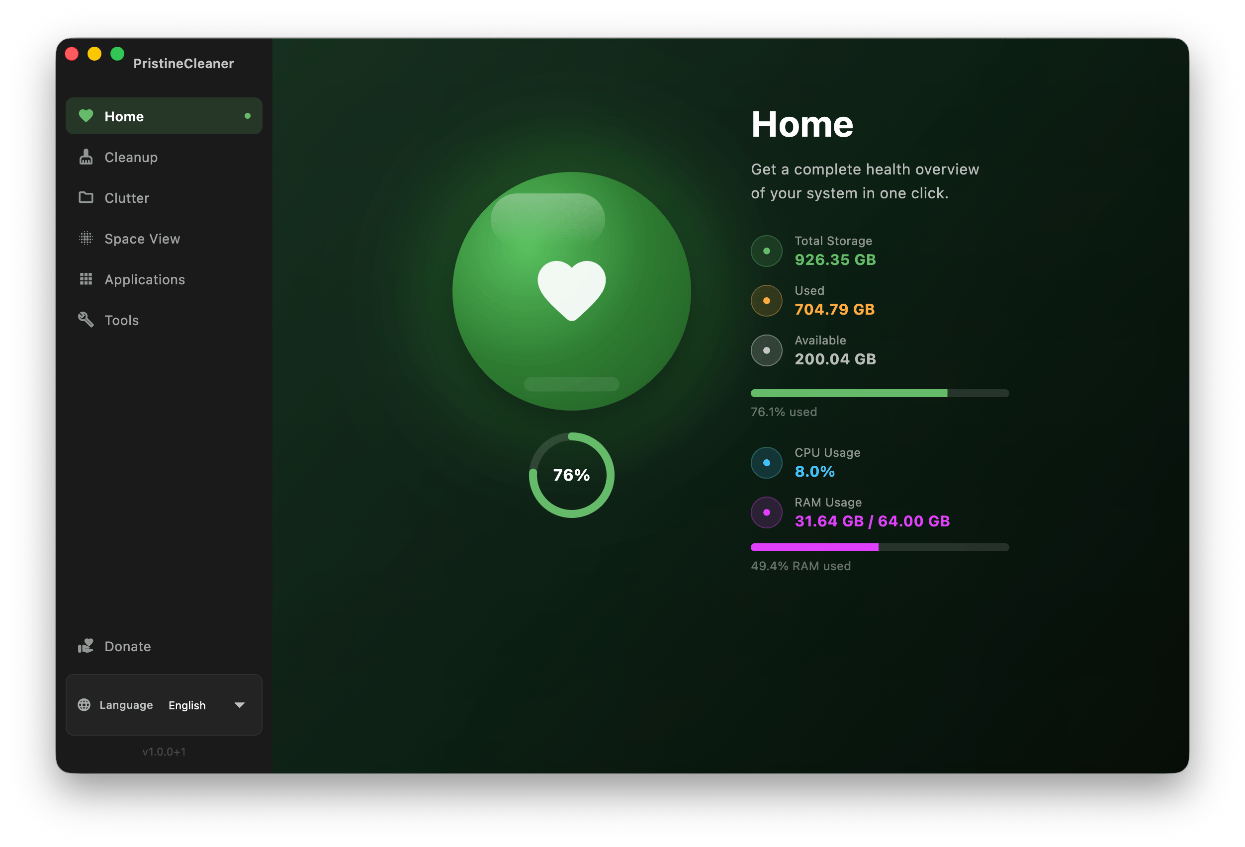 PristineCleaner home screen