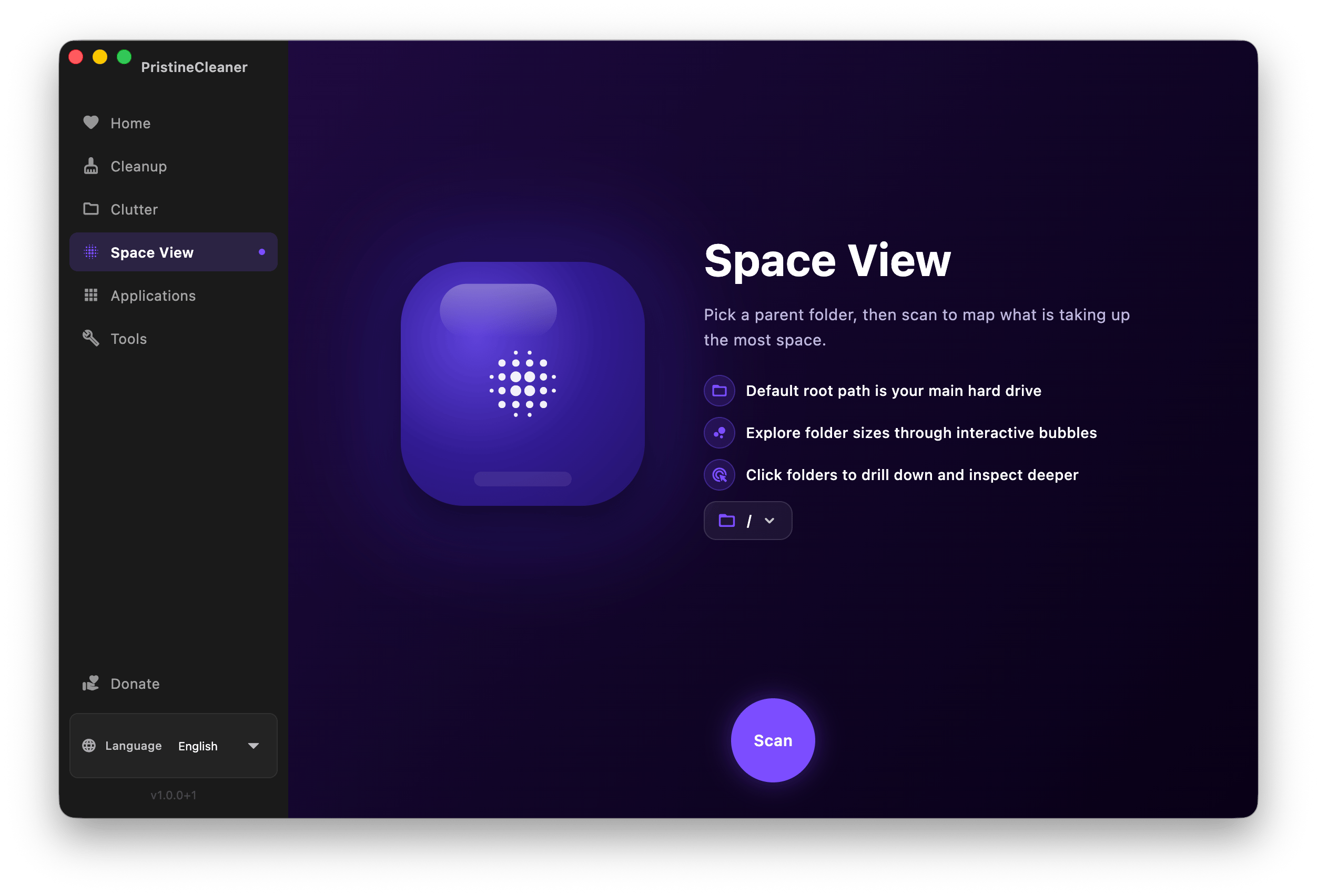 PristineCleaner space view screen