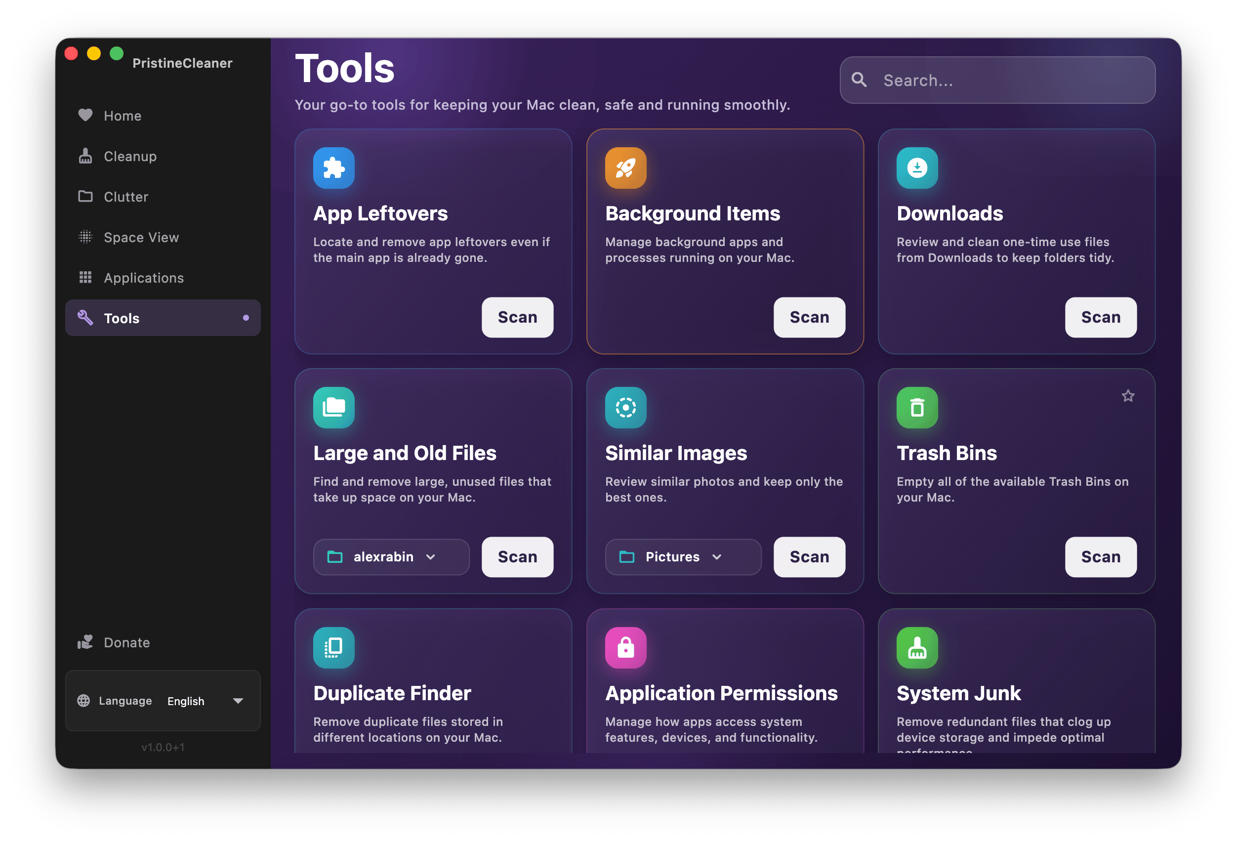 PristineCleaner tools screen